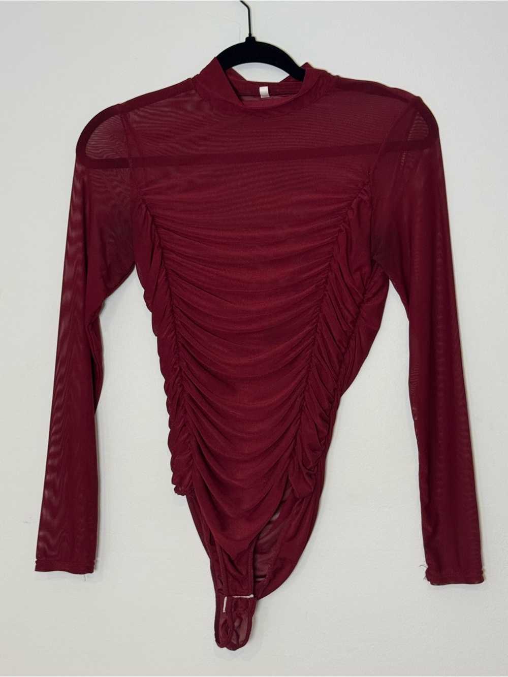 Mesh Ruched Bodysuit Burgundy Mock Neck Long Sleeve Super Sheer Small